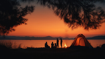 Camping Under the Sunset Glow: Friends share camaraderie around a campfire as the sun sets, casting a warm, inviting light upon a tent. 