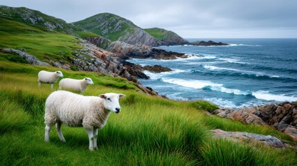 Obraz premium Sheep grazing on green meadow by the rocky coast of Scotland