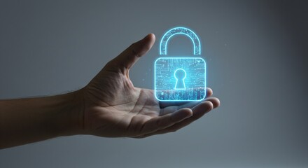 Hand holding a glowing blue digital padlock, symbolizing secure internet connection. Concept of cyber protection, data privacy.