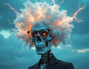 A bespectacled skull with an afro from a white cloud emitting a glowing thunderstorm. Generate AI