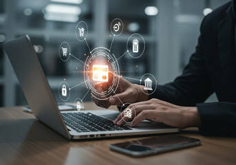 Person using laptop with online shopping and payment icons