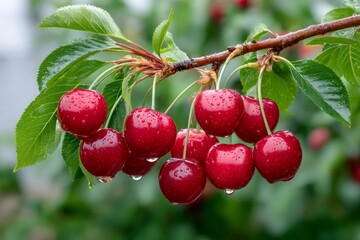 Fototapeta premium Ripe red cherries hanging from a cherry tree branch with water drops