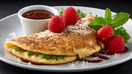 Delicious omelette with raspberries, mint, coconut shavings and chocolate sauce on white plate