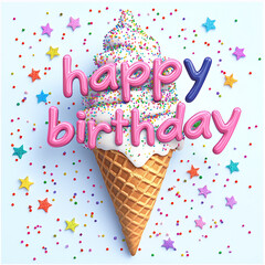 Happy Birthday Ice Cream Cone with Sprinkles and Colorful Stars made wit generative AI