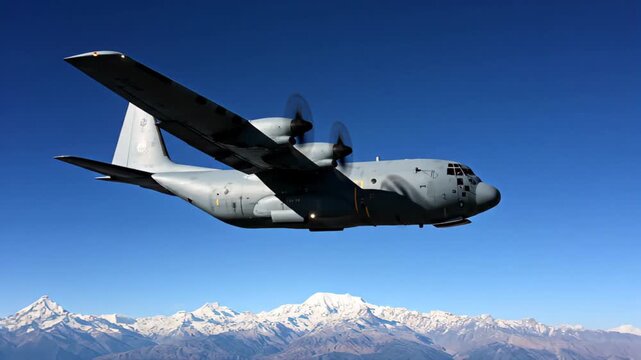 C-130 Hercules Transport Aircraft on a Mission Above the Himalayas, Soaring Through a Clear Blue Sky, Perfect for Videos on Humanitarian Aid or Strategic Airlift.