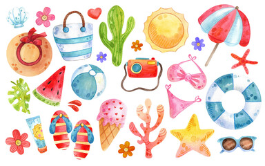 Set of watercolor beach illustrations. Hand drawn summer objects: swimsuit, camera, beach umbrella, sunglasses, hat. Illustration on white background. Summer icons, stickers. Tropical vacation.