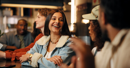 Relax, friends and woman in restaurant talking for bonding, social gathering and chill on weekend....