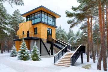 Modern wooden house in a snowy pine forest during winter