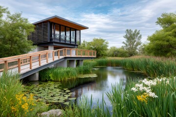 Obraz premium Modern wooden building standing over a peaceful pond in a sustainable construction project