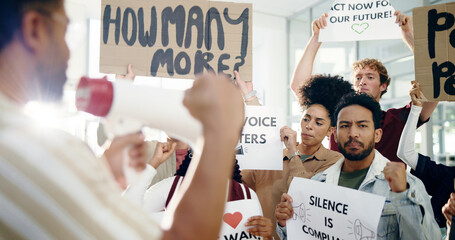 Megaphone, protest and group with poster, human rights or awareness for social justice or...