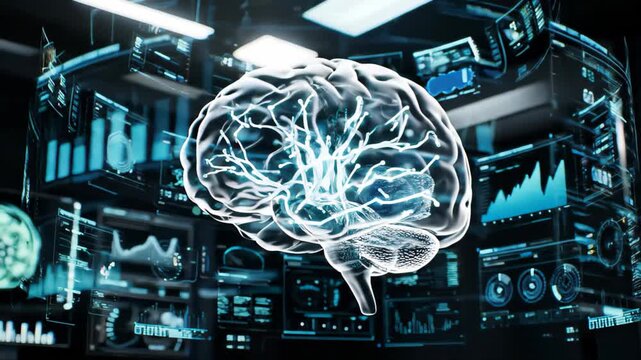 A 3D Hologram of a Human Brain with Active Neural Pathways Glowing Blue, Surrounded by Futuristic Data Screens, Ideal for Medical and Scientific Visualizations.