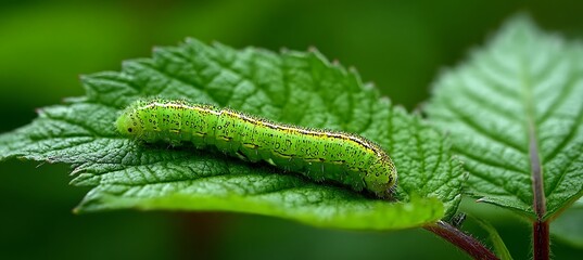 Obraz premium A green caterpillar crawling on a fresh leaf 