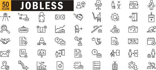 Jobless editable outline icon set. Unemployed, rejection, job-loss, resume, hiring, stress, career and more.
