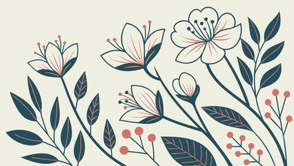 Fototapeta premium Abstract geometric flowers and leaves. Modern graphic flower design. Mid century flowers and leaves icons. Scandinavian style floral pattern