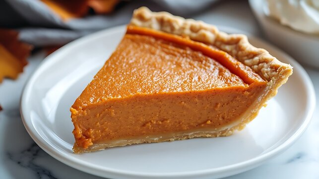 A slice of pumpkin pie served on a white plate