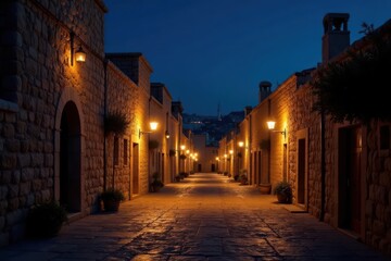 Fototapeta premium Bethlehem night streets, ancient stone buildings illuminated, landscape, cityscape, Bethlehem