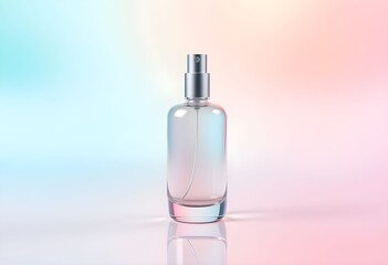 Naklejka premium Elegant empty perfume bottle with silver sprayer, reflecting on a pastel background.