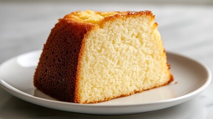 Slice of Moist Vanilla Bundt Cake on a White Plate