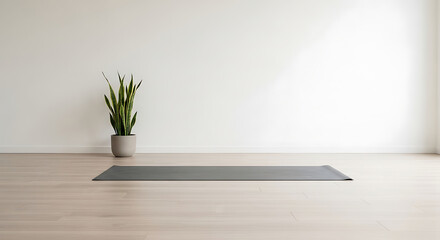 Minimalist yoga studio floor with plant and mat