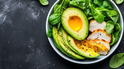 balanced diet meal plan flat lay, high protein and low calorie, avocado, chicken, greens,