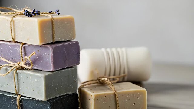 Artisanal Stack of Lavender Gray and Black Soap Bars Tied With Twine on Gray Background