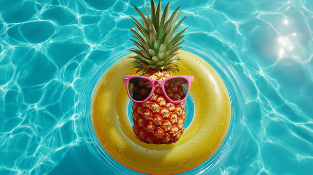 Pineapple Poolside Bliss: An exotic pineapple, accessorized with stylish sunglasses, finds ultimate relaxation floating within a cheerful yellow inflatable in a serene pool.