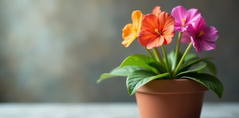 Fototapeta premium Close-up of a potted saintpaulia with multiple blossoms , colorful, texture, delicate