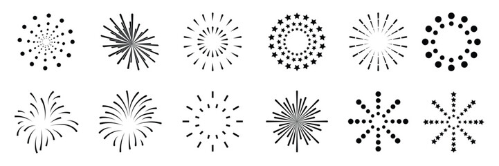 Set of firework icon collection. Sparkler confetti, Fireworks with stars and sparks symbol.