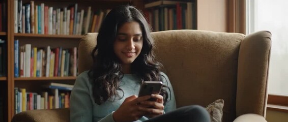 Young Indian woman typing on a smartphone at home, dolly push in - Powered by Adobe