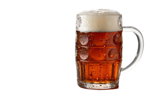 mug of amber beer with foam and condensation isolaton on background white