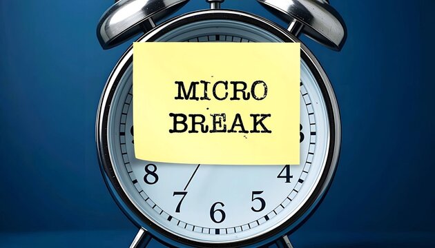 On blue background, alarm clock with note written MICRO BREAK, means to break up from tasks or static postures by taking a few minute every 20 minutes to improve well being