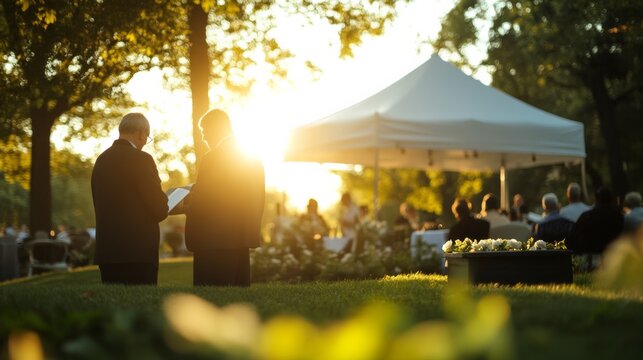 Christian graveside service with white canopy, priest delivering eulogy,