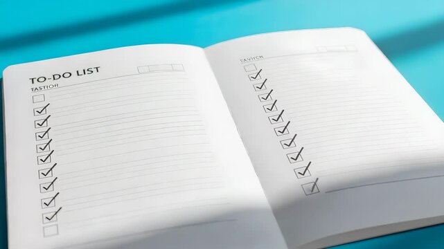 Close Up of a White Checklist Notepad on Cyan Surface with Natural Sunlight