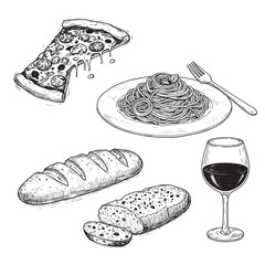 Hand-drawn illustration of italian cuisine featuring pizza pasta bread and wine