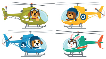 Cartoon Animals Piloting Colorful Helicopters Dog, Bear, and Rabbit Flying High Illustration