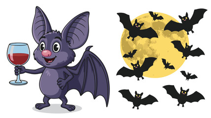 Fototapeta premium Cartoon Bat Toasting with Wine Glass, Silhouette Bats Flying in Front of Yellow Full Moon