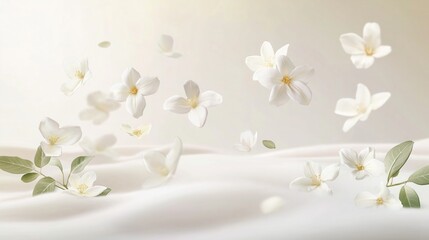 A serene watercolor scene of jasmine flowers placed gently on a pale, neutral background, the soft petals and delicate leaves floating in the air.