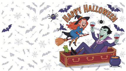 Obraz premium Cartoon Happy Halloween Witch on Broom, Vampire in Coffin, Bats, and Spiders