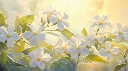 A serene watercolor of jasmine flowers with pure white petals, gentle green leaves, and soft sunlight illuminating the composition, creating a peaceful, elegant atmosphere.