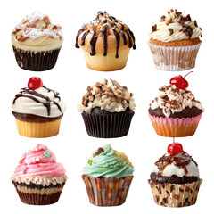 Nine assorted cupcakes, various flavors and toppings