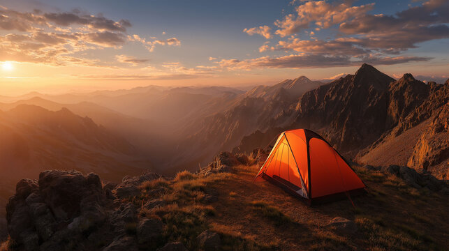 Camping Amidst Majestic Heights: An orange tent nestled atop a rugged mountain peak, framed by a breathtaking vista of peaks at sunrise, promising adventure and solitude. - Powered by Adobe