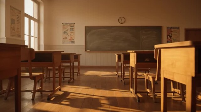 Empty old vintage classroom with sunlight, dolly push in
