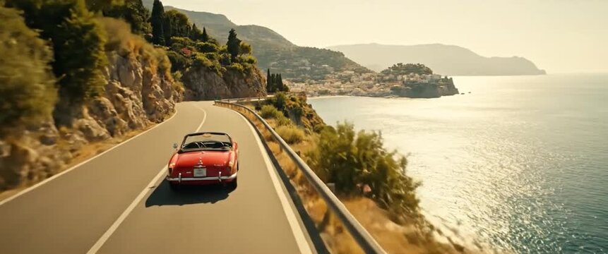 Vintage red convertible car drives on coastal Mediterranean road, tracking shot