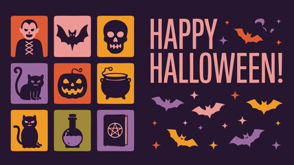 Colorful Happy Halloween with Vampire, Bats, Skull, Cat, Pumpkin, and Other Spooky Icons