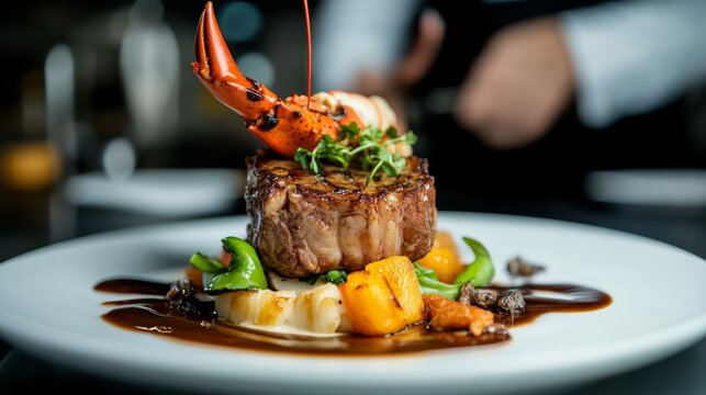 Gourmet surf and turf with crab and lobster, fancy plating