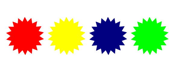 Set of colorful burst shapes badge in red, yellow, blue, and green for labels, highlights, and promo stickers