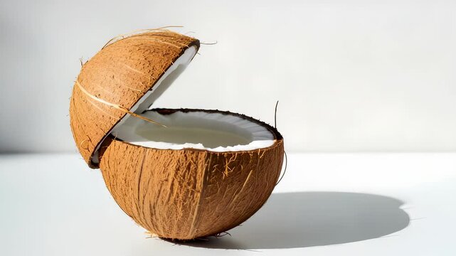 Halved Coconut Displaying White Flesh and Brown Shell on White Surface with Bright Lighting