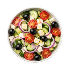 A vibrant, healthy greek salad in a white bowl, featuring crisp cucumber, ripe tomatoes, tangy feta, black olives, and red onion, ideal for healthy eating concepts.