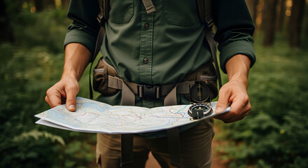 Hiker in forest with map and compass exploring outdoors adventure travel