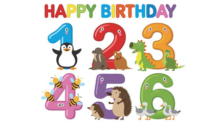 Obraz premium Happy Birthday Cartoon Numbers One to Six with Animals Penguin, Walrus, Dinosaurs, Bees, Hedgehogs, and Geese
